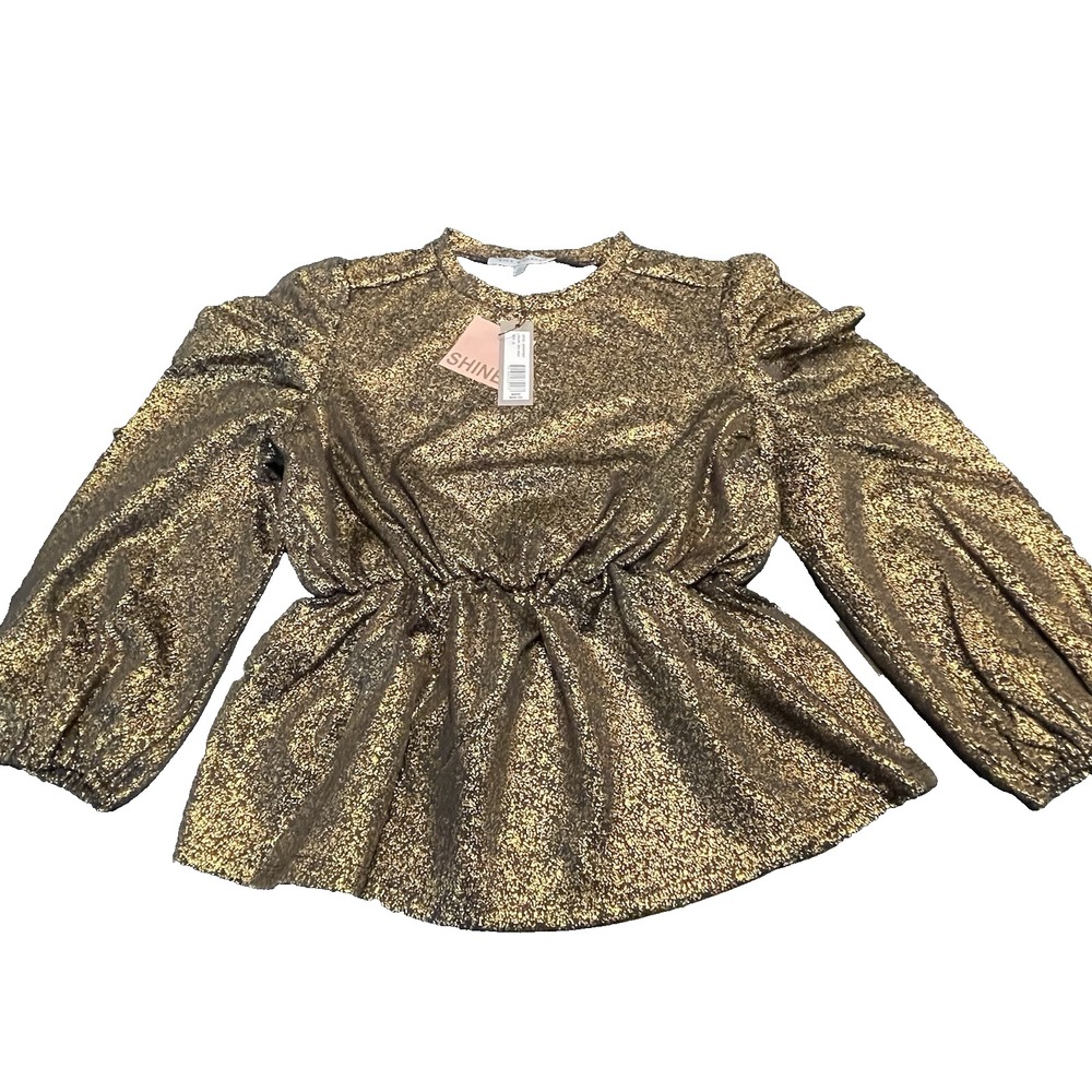 Alex‎ & Parker Women's XL Gold Shimmer Holiday Balloon Plated Sleeves Blouse Top
